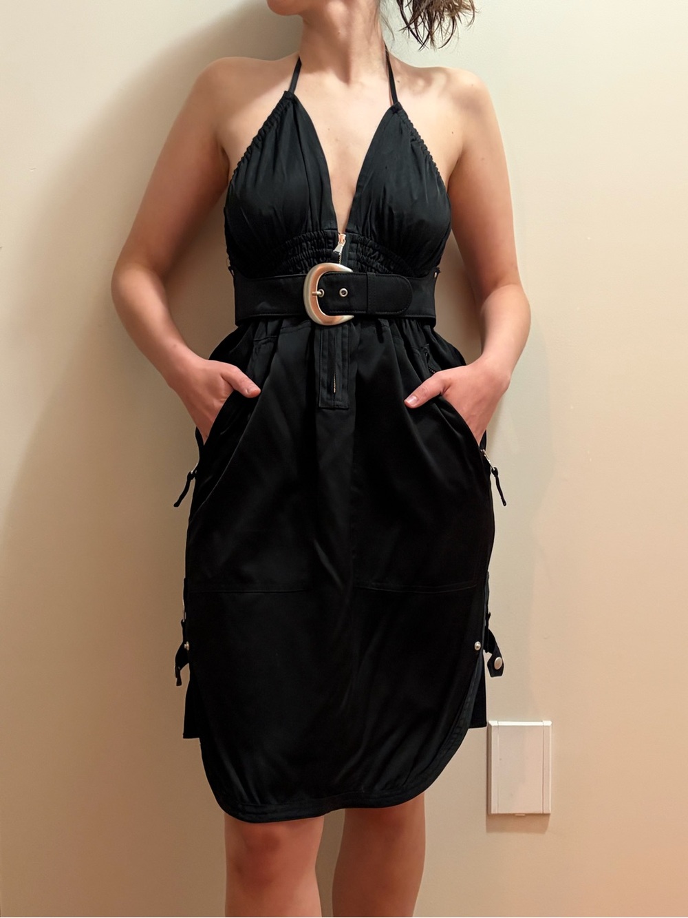 Jean Paul Gaultier Black Satin Belted Corset Halter Dress
